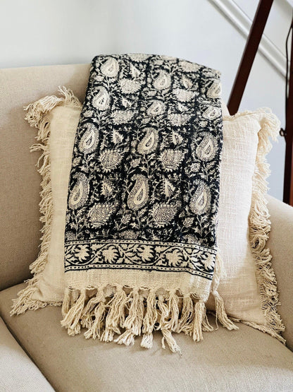 Handmade Block Print Cotton Throw Blanket: Boho Sofa Decor (50x60)