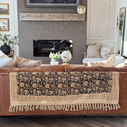 Hand Block Print Floral Throw Blanket: Boho Mud Cloth with Tassels