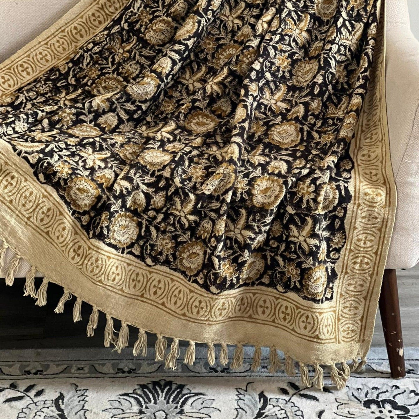 Hand Block Print Floral Throw Blanket: Boho Mud Cloth with Tassels