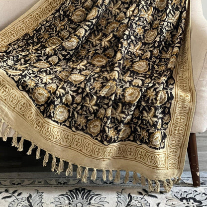 Hand Block Print Floral Throw Blanket: Boho Mud Cloth with Tassels
