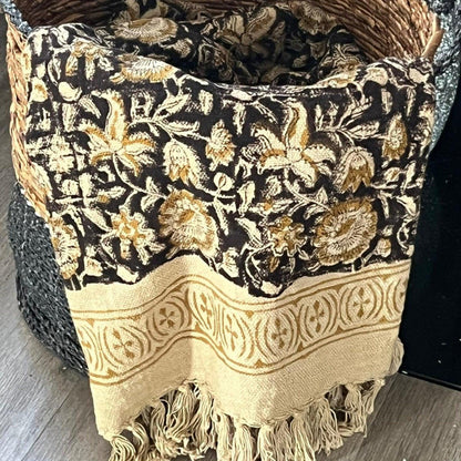 Hand Block Print Floral Throw Blanket: Boho Mud Cloth with Tassels