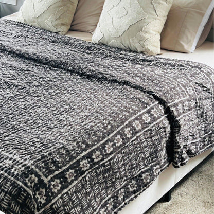 Vintage Brown Floral Kantha Quilt, Block Print Boho Bedspread