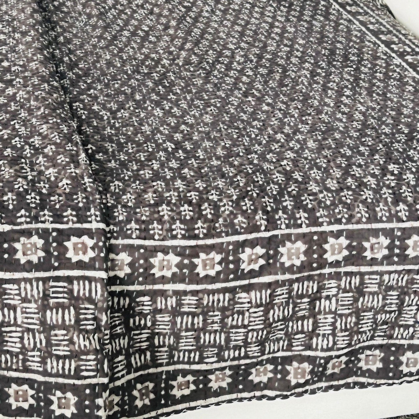Brown Kantha Quilt, Handmade Block Print Cotton Bedspread