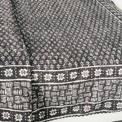 Vintage Brown Floral Kantha Quilt, Block Print Boho Bedspread