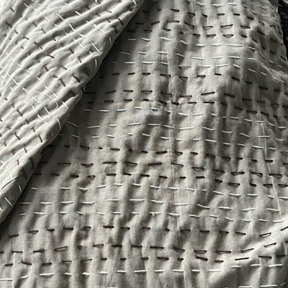 Vintage Brown Floral Kantha Quilt, Block Print Boho Bedspread