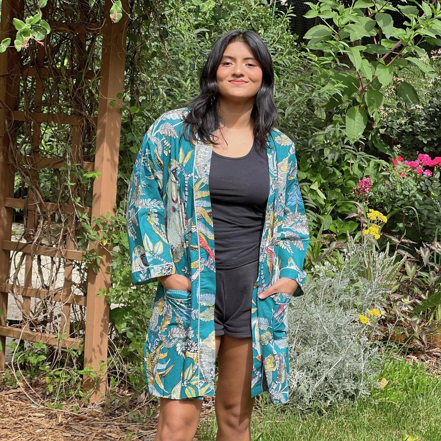 Indian Block Print Cotton Robe: Short Kimono Style Beach Cover-Up