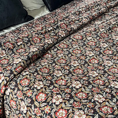 Red Floral Handmade Block Print Cotton Kantha Quilt, Queen Size Bedspread