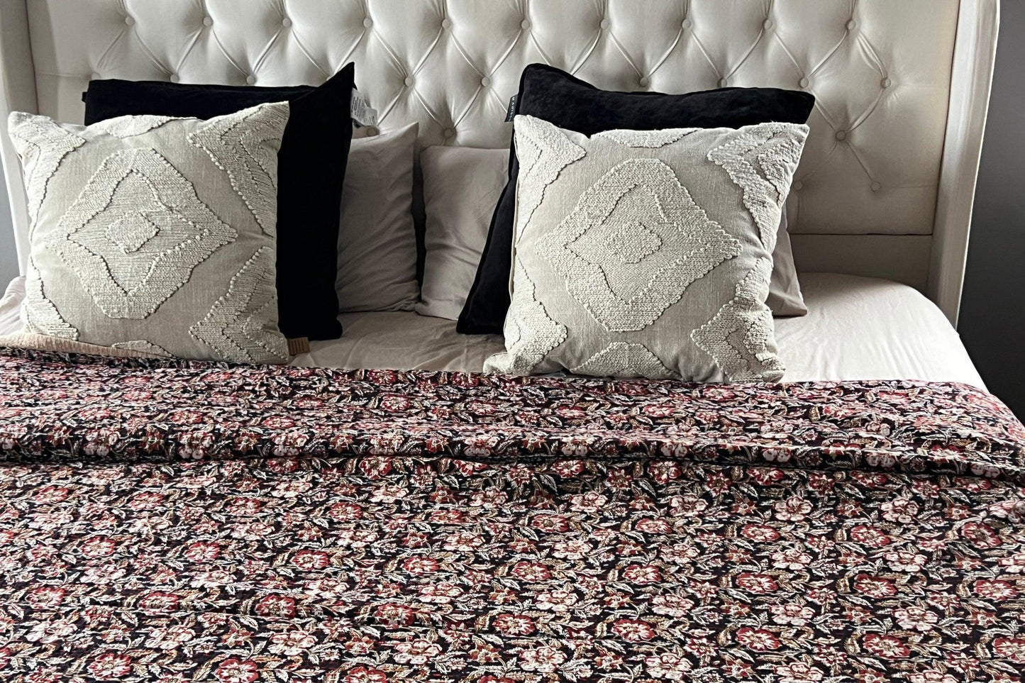 Red Floral Handmade Block Print Cotton Kantha Quilt, Queen Size Bedspread