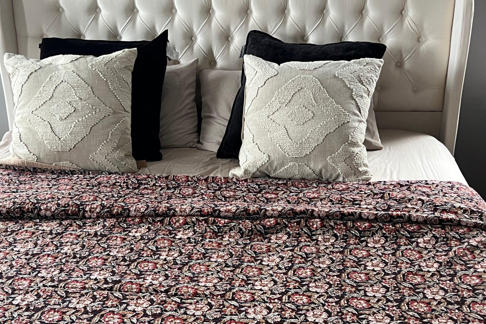 Red Floral Handmade Block Print Cotton Kantha Quilt, Queen Size Bedspread