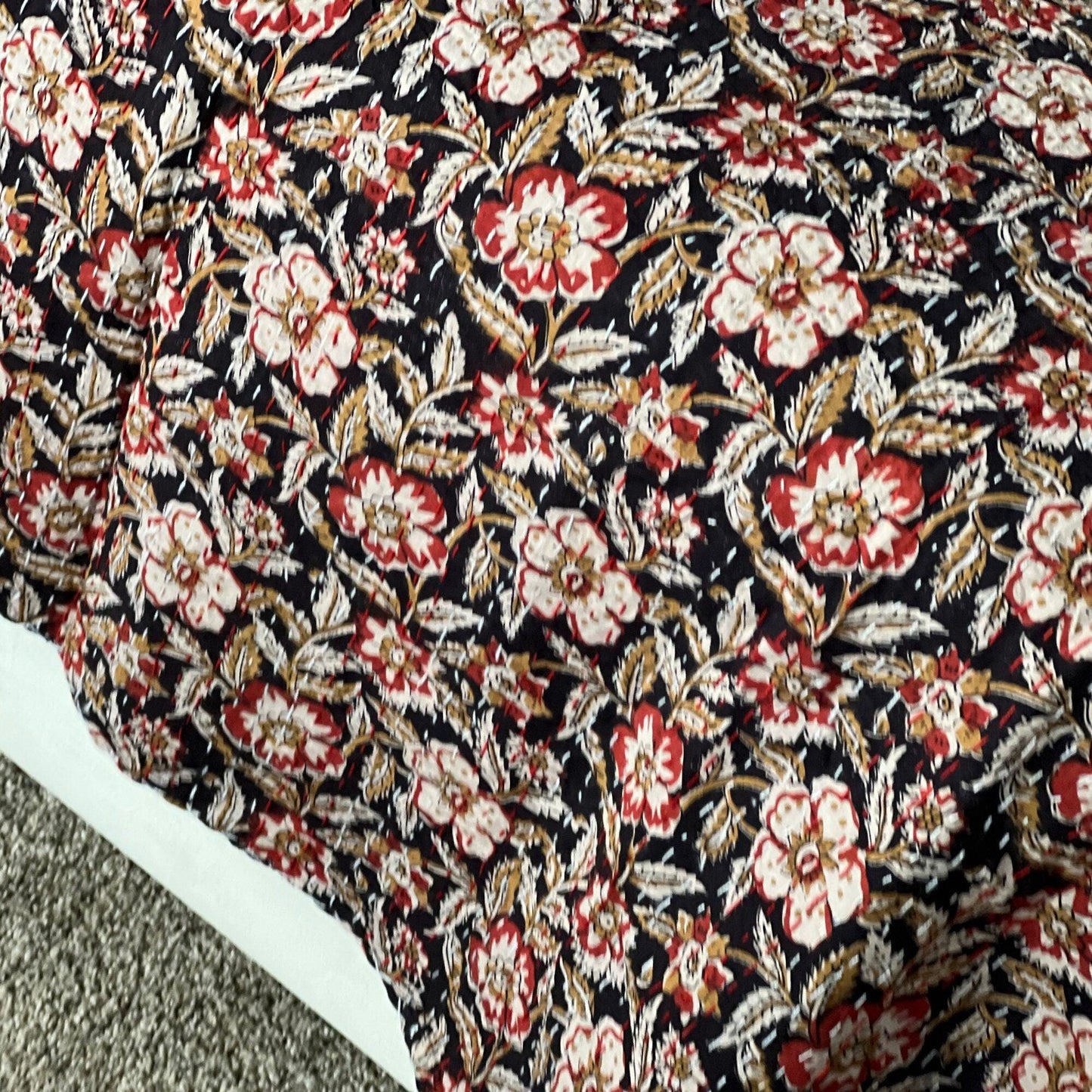 Vintage Floral Kantha Bedspread, Handmade Block Print Cotton Throw