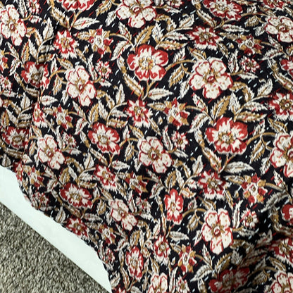 Red Floral Handmade Block Print Cotton Kantha Quilt, Queen Size Bedspread