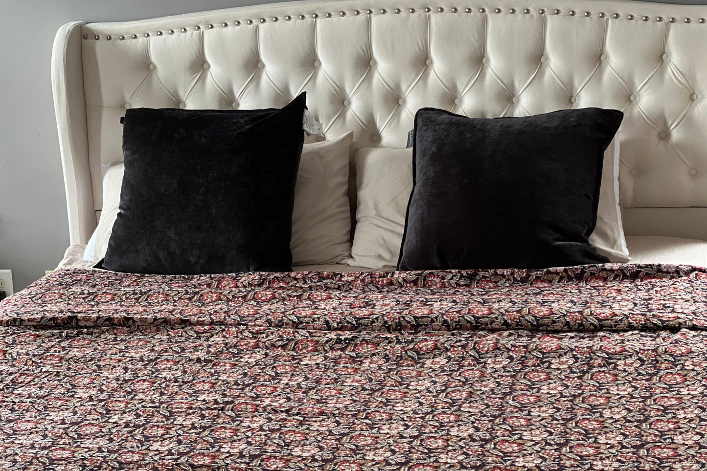 Red Floral Handmade Block Print Cotton Kantha Quilt, Queen Size Bedspread