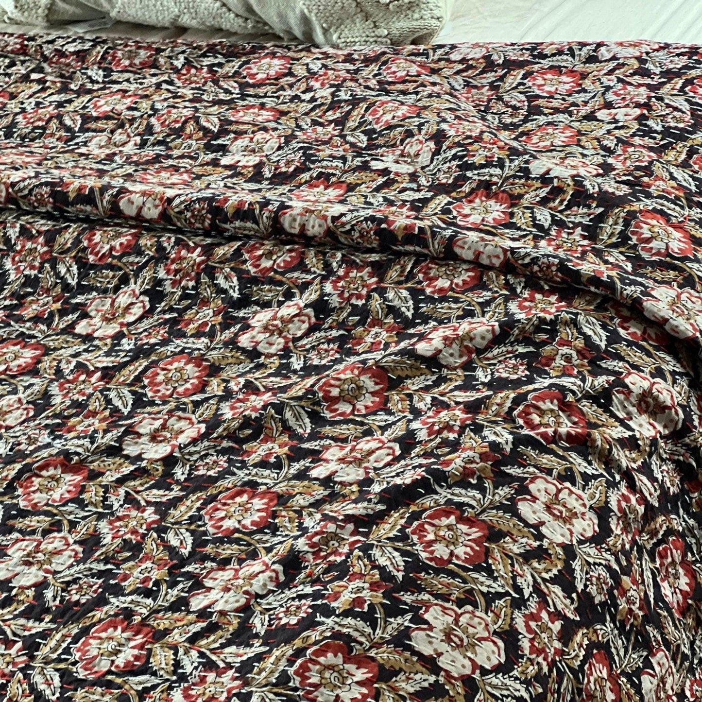 Burgundy Kantha Quilt King Size - Hand Block Printed Quilt Summer Bedspread - Floral Indian Bedding For Home-Decor - Bohemian Comforter