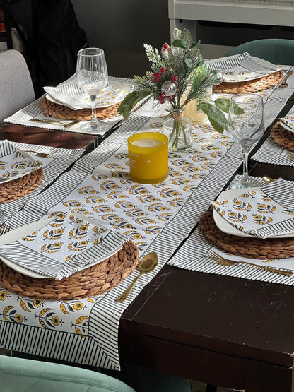 Hand Block Print Table Runner Set: Floral Cotton Placemats & Napkins