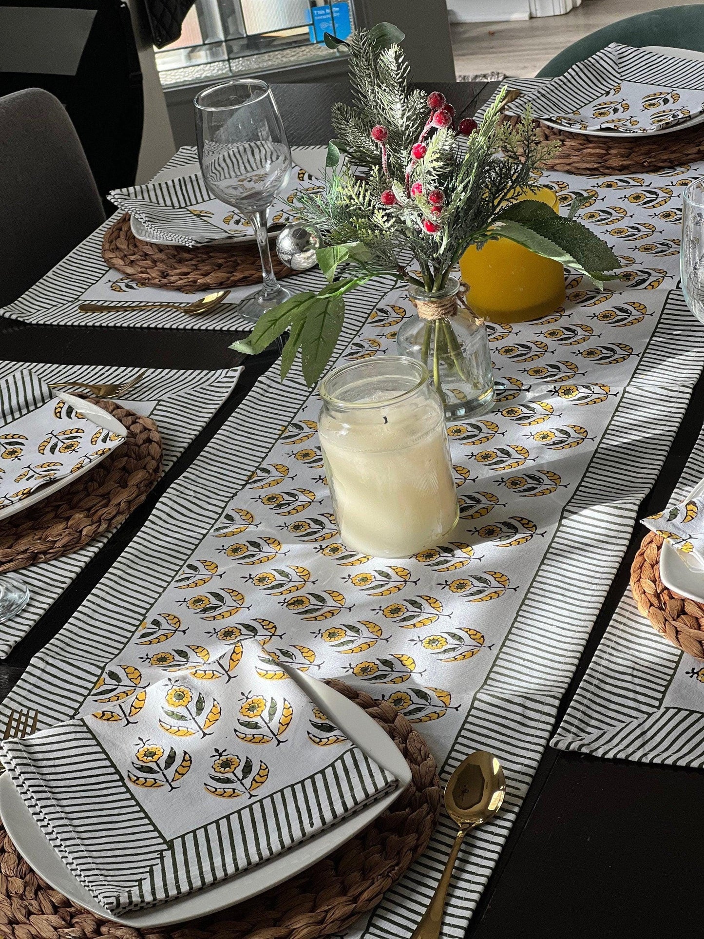 Hand Block Print Table Runner Set: Floral Cotton Placemats & Napkins