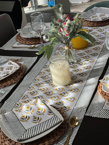 Hand Block Print Table Runner Set: Floral Cotton Placemats & Napkins