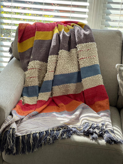 Handmade Boho Throw Blanket with Fringe, Colorful Cotton Sofa Decor (52" x 70")