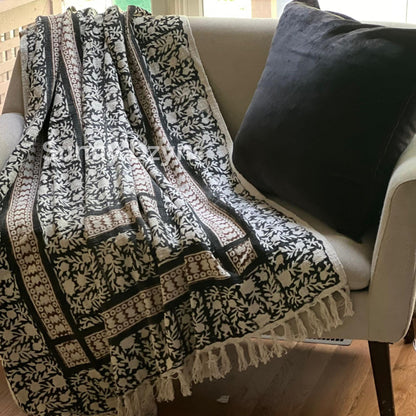 Hand Block Print Cotton Throw Blanket: Boho Floral Tassel Accent