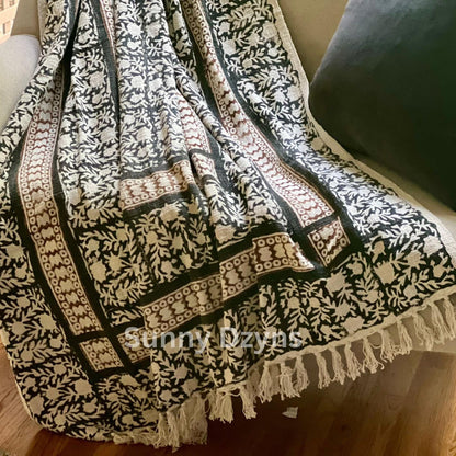 Hand Block Print Cotton Throw Blanket: Boho Floral Tassel Accent