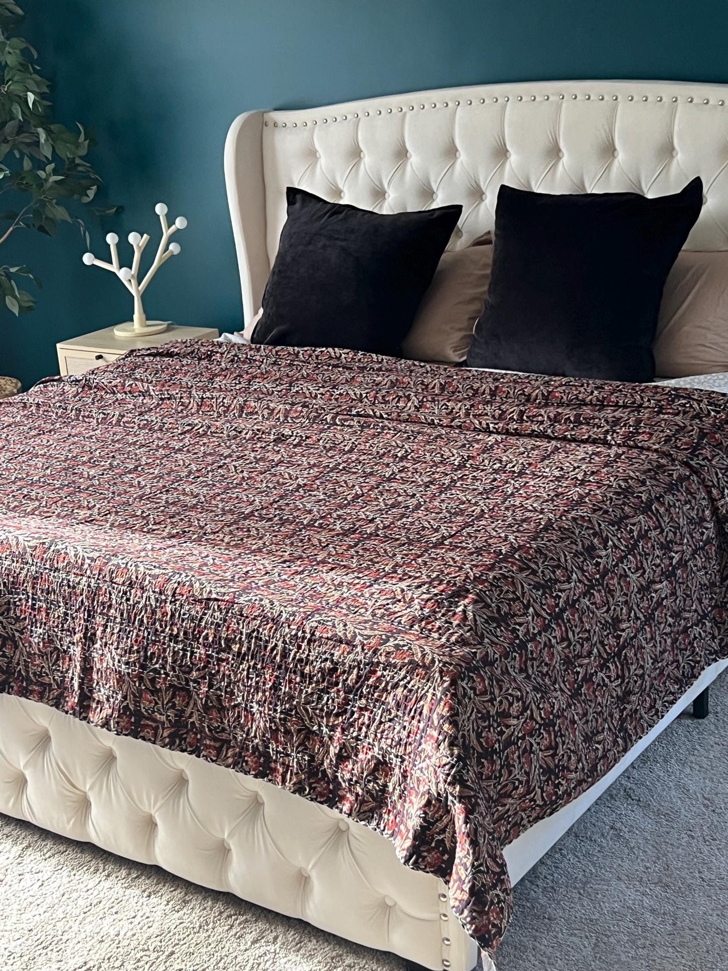 Burgundy Floral Kantha Quilt: Indian-Inspired Cotton Bedding
