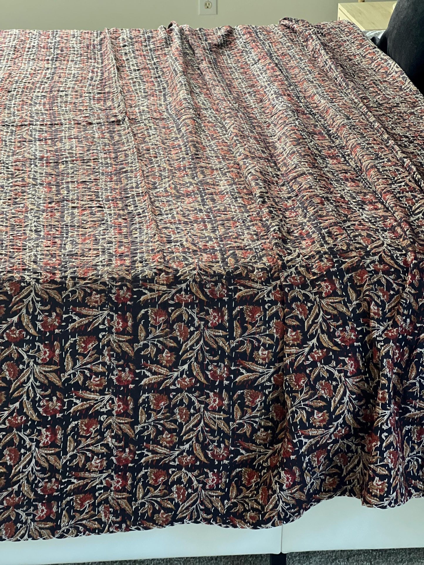 Burgundy Floral Kantha Quilt: Indian-Inspired Cotton Bedding