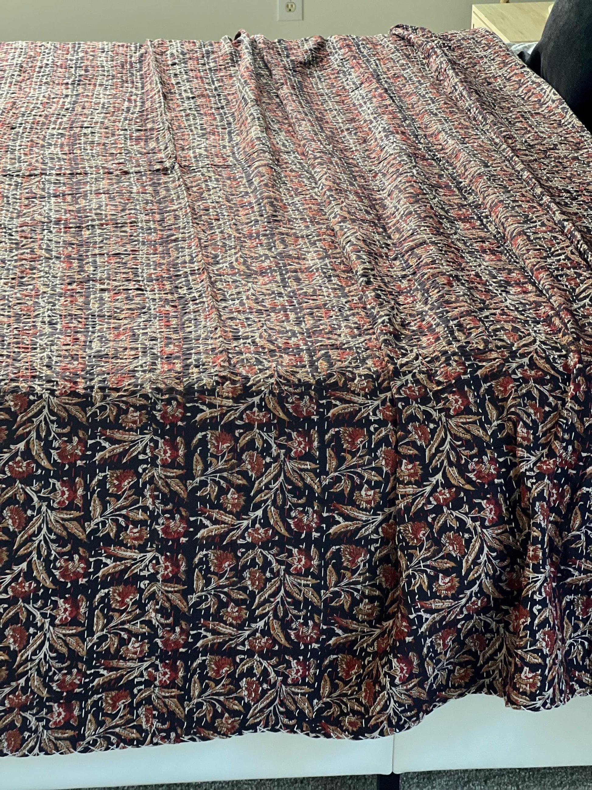  Indian Cotton Bedding in Burgundy Floral Kantha Quilt