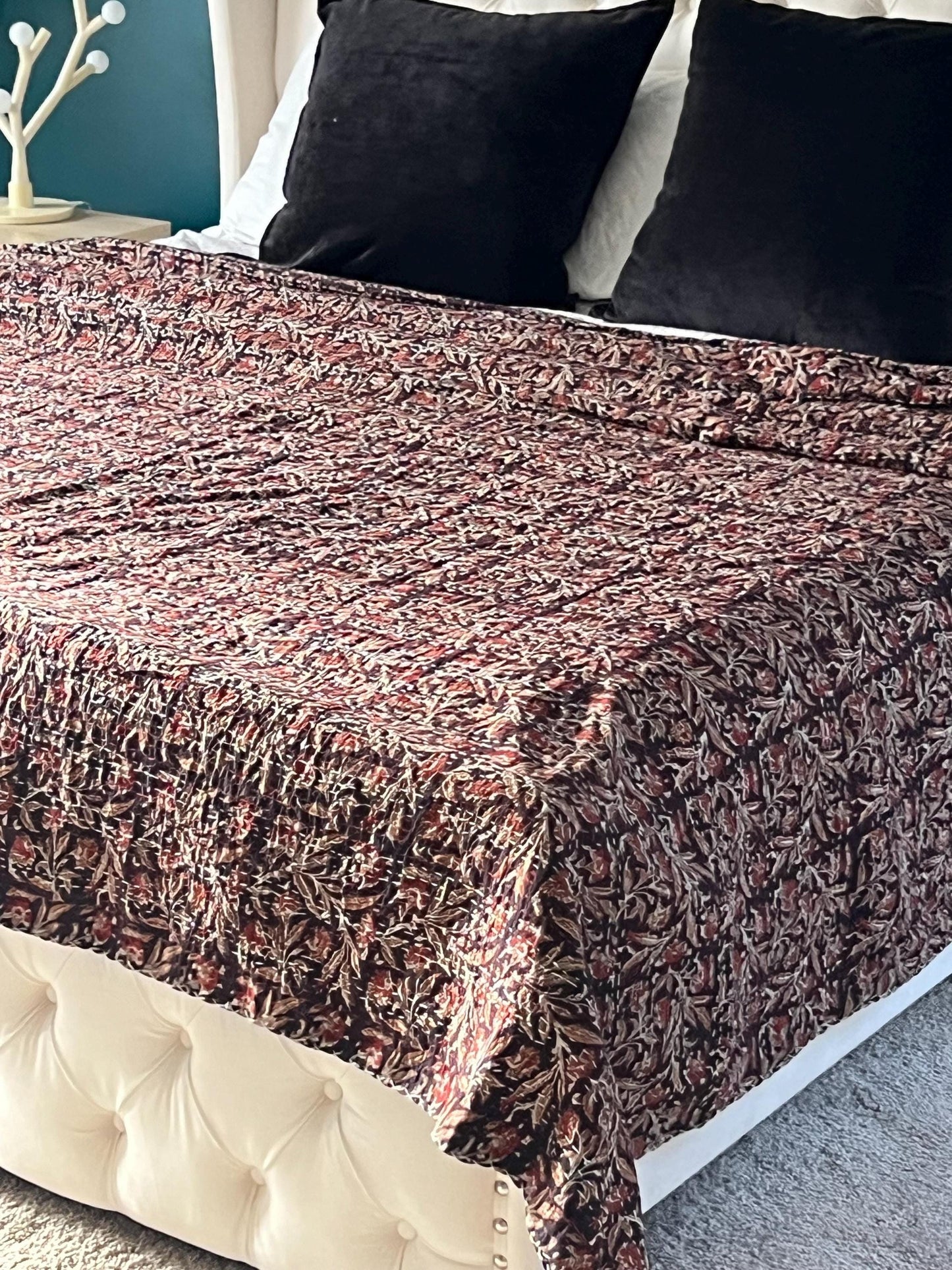  Indian Cotton Bedding in Burgundy Floral Kantha Quilt