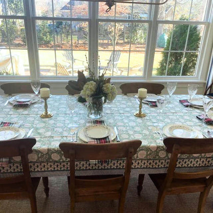 Sage Green Floral Block Print Tablecloth: Cotton Christmas Table Decor