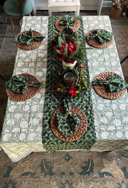 Sage Green Floral Block Print Tablecloth: Cotton Christmas Table Decor