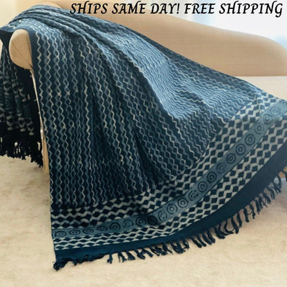 Indigo Mud Cloth Throw Blanket: Hand Block Print Boho Decor