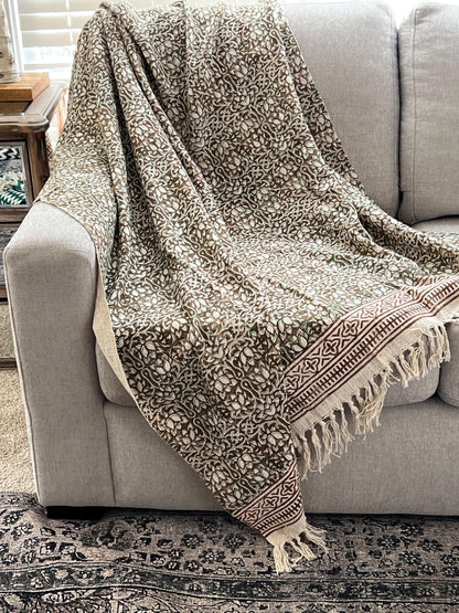 Hand Block Print Cotton Throw Blanket: Boho Floral Tassel Decor