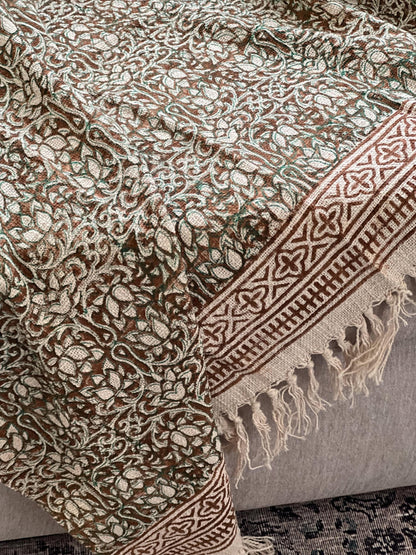 Hand Block Print Cotton Throw Blanket: Boho Floral Tassel Decor