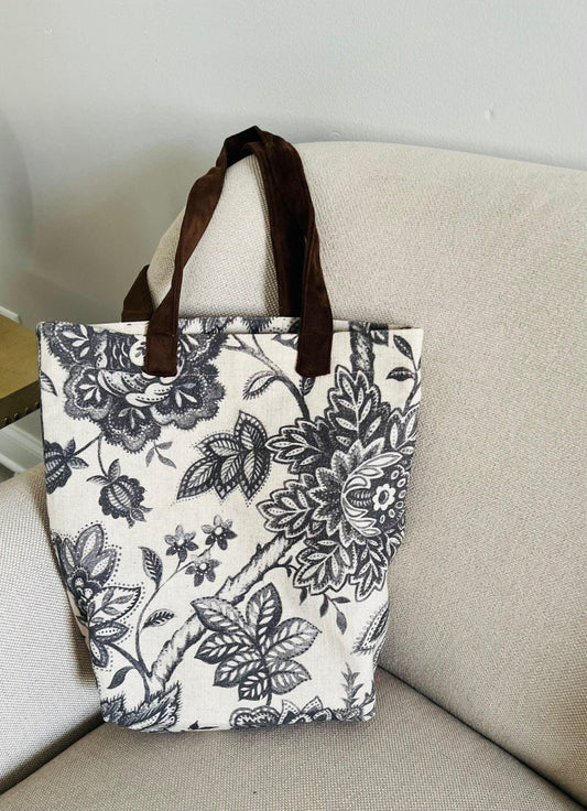 Linen Floral Tote Bag: Reusable Market Bag with Zipper Pocket