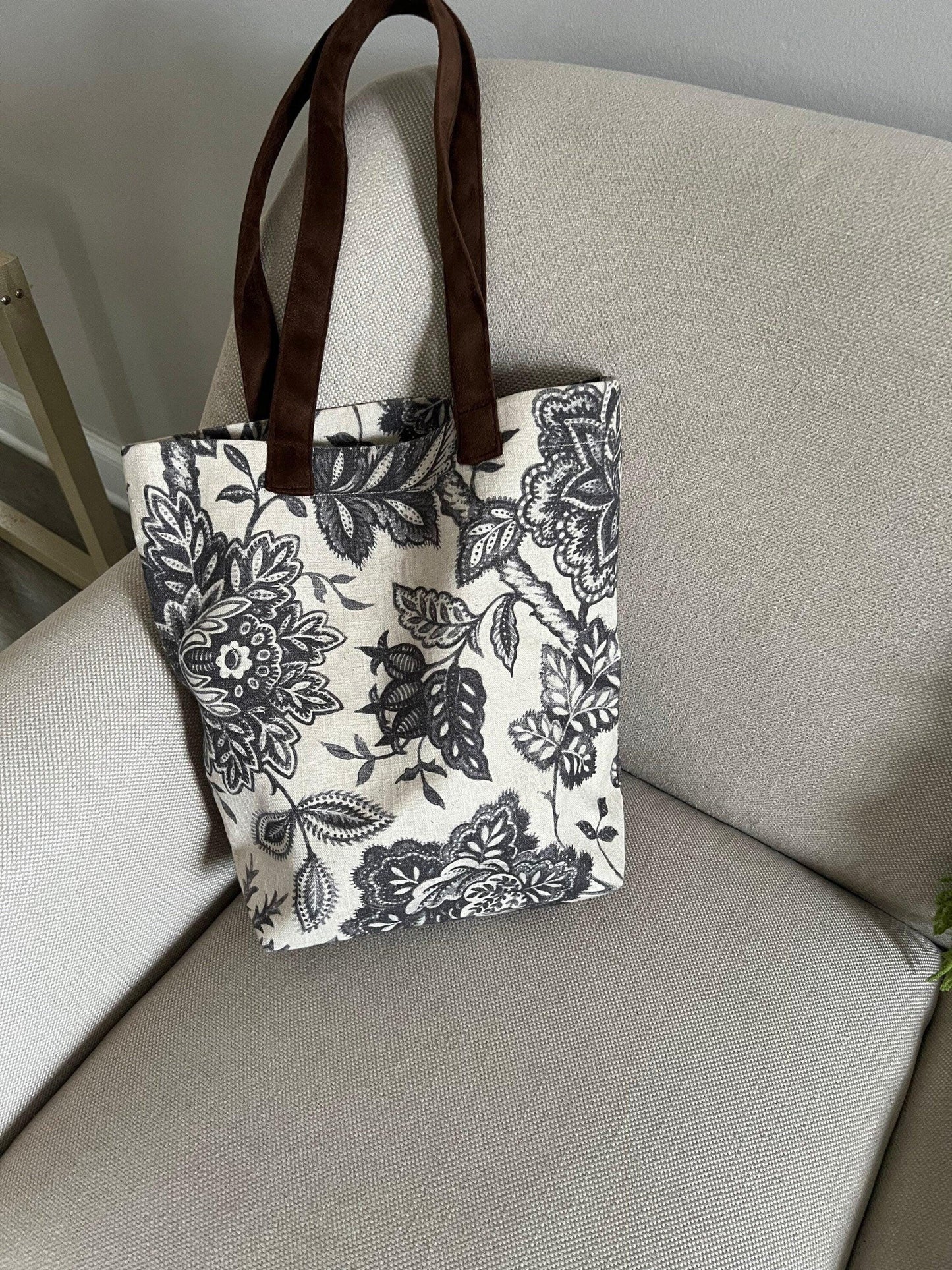 Linen Floral Tote Bag: Reusable Market Bag with Zipper Pocket
