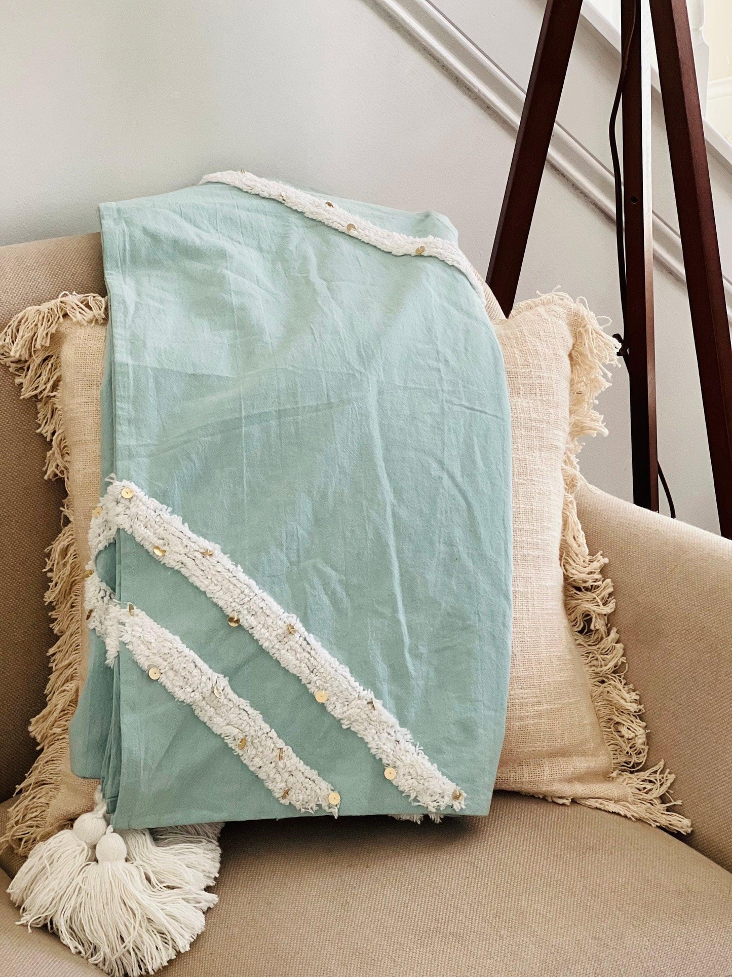 Tufted Woven Cotton Throw Blanket: Sea Blue Boho Decor (50"x60")