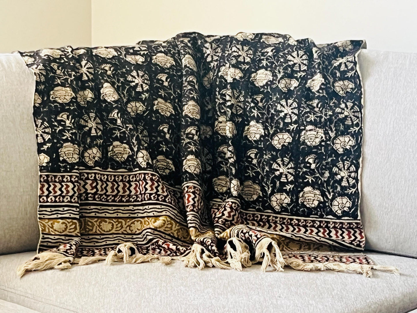 Handmade Block Print Cotton Throw Blanket: Black Floral Boho Decor