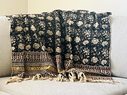 Handmade Block Print Cotton Throw Blanket: Black Floral Boho Decor
