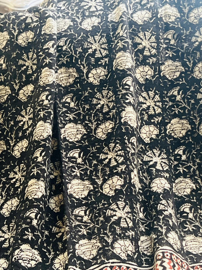 Handmade Block Print Cotton Throw Blanket: Black Floral Boho Decor