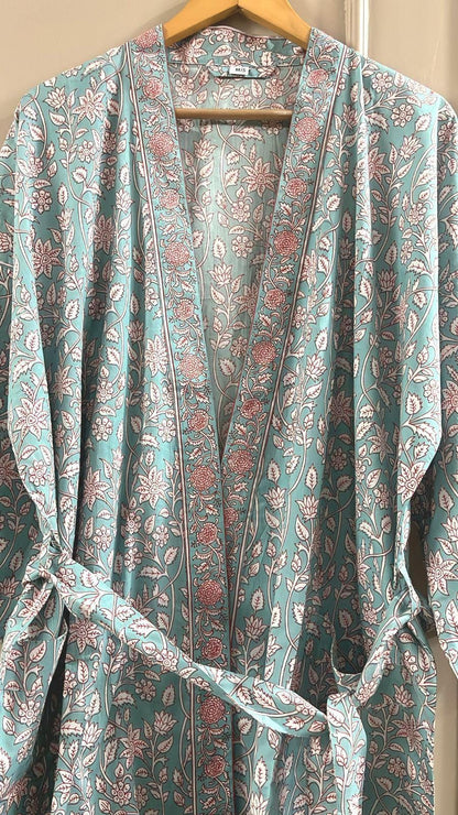 Blue Cotton Kimono Robe, Block Print Boho Dressing Gown