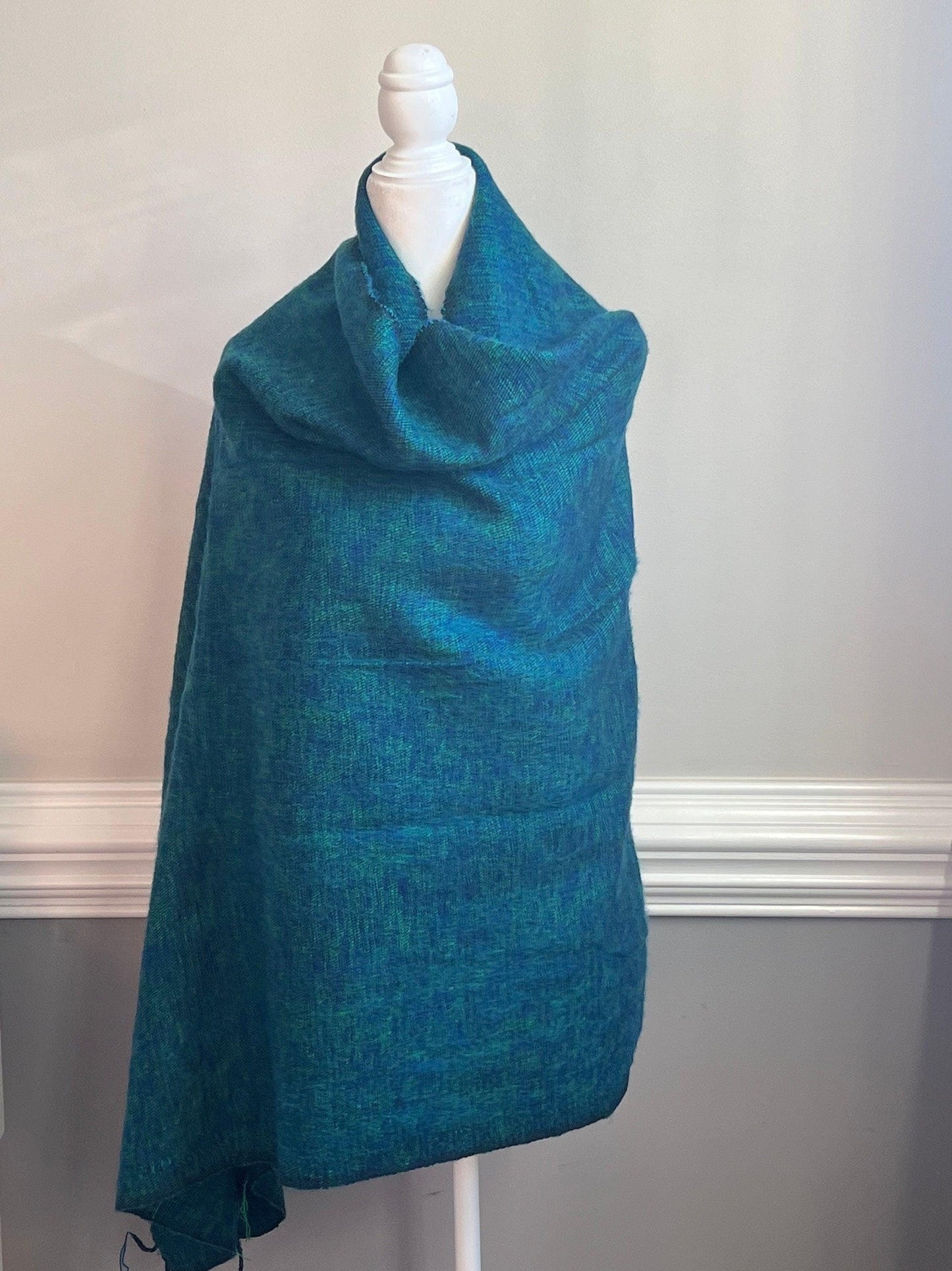 Handmade Yak Wool Scarf: Green Turquoise Blue, Soft Himalayan Shawl