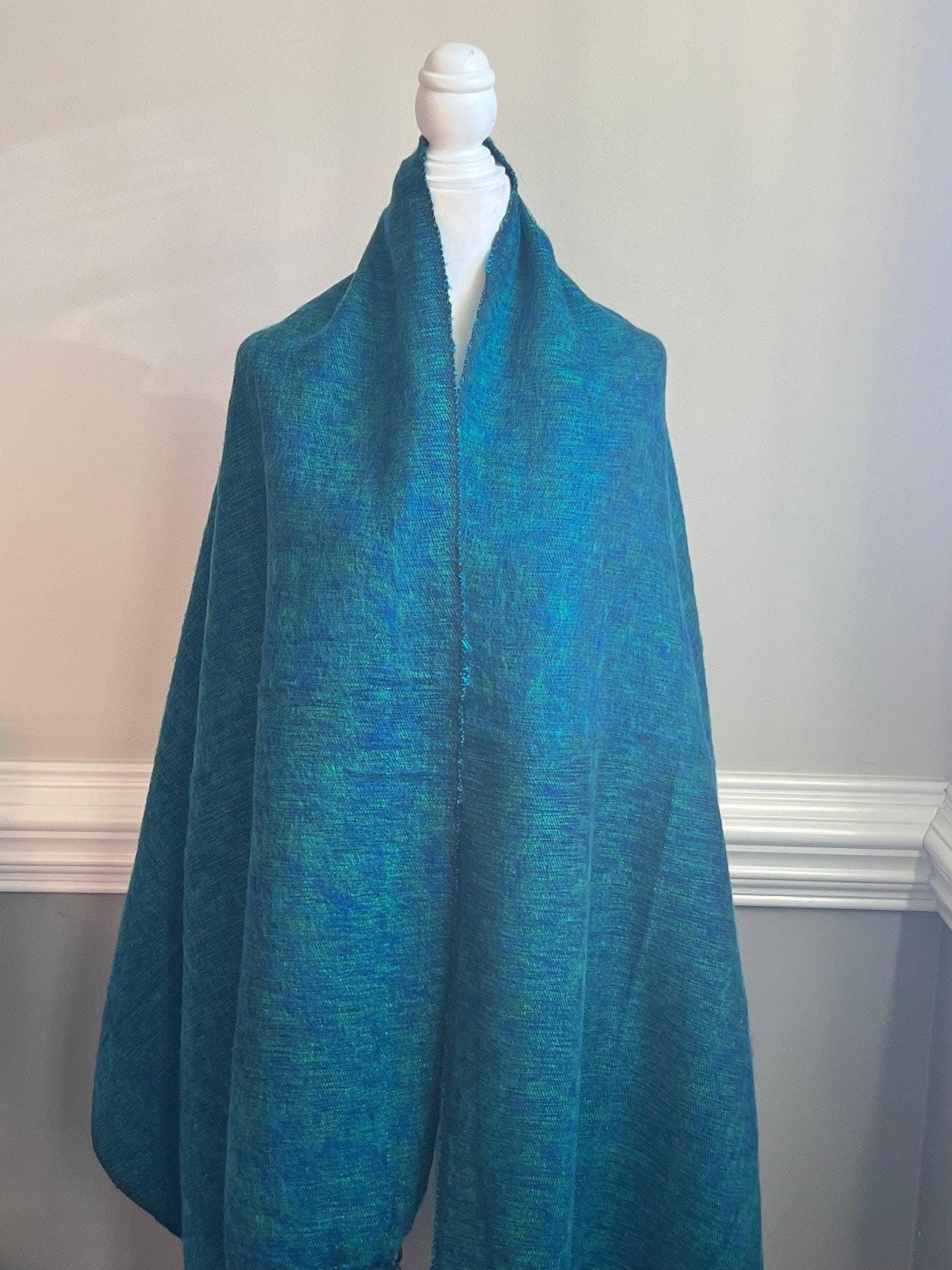 Handmade Yak Wool Scarf: Green Turquoise Blue, Soft Himalayan Shawl