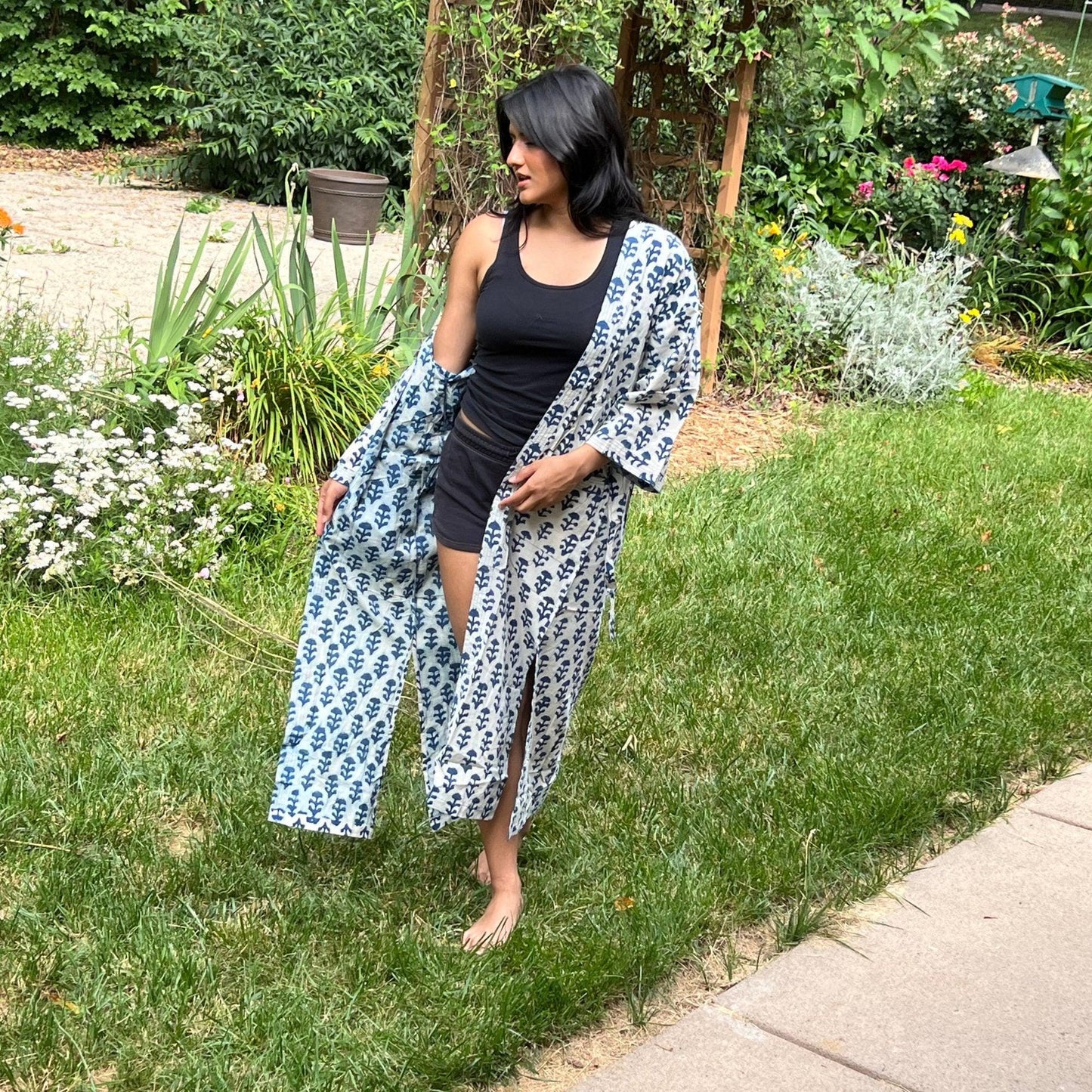 Floral Cotton Wrap Robe, Lightweight Block Print Dressing Gown