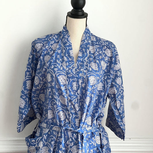 Floral Cotton Wrap Robe, Lightweight Block Print Dressing Gown