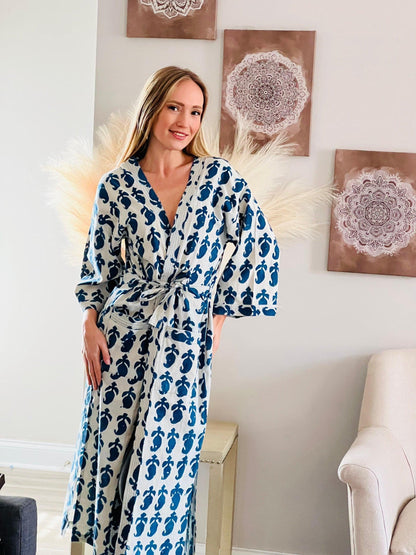 Floral Cotton Robe, Lightweight Block Print Dressing Gown