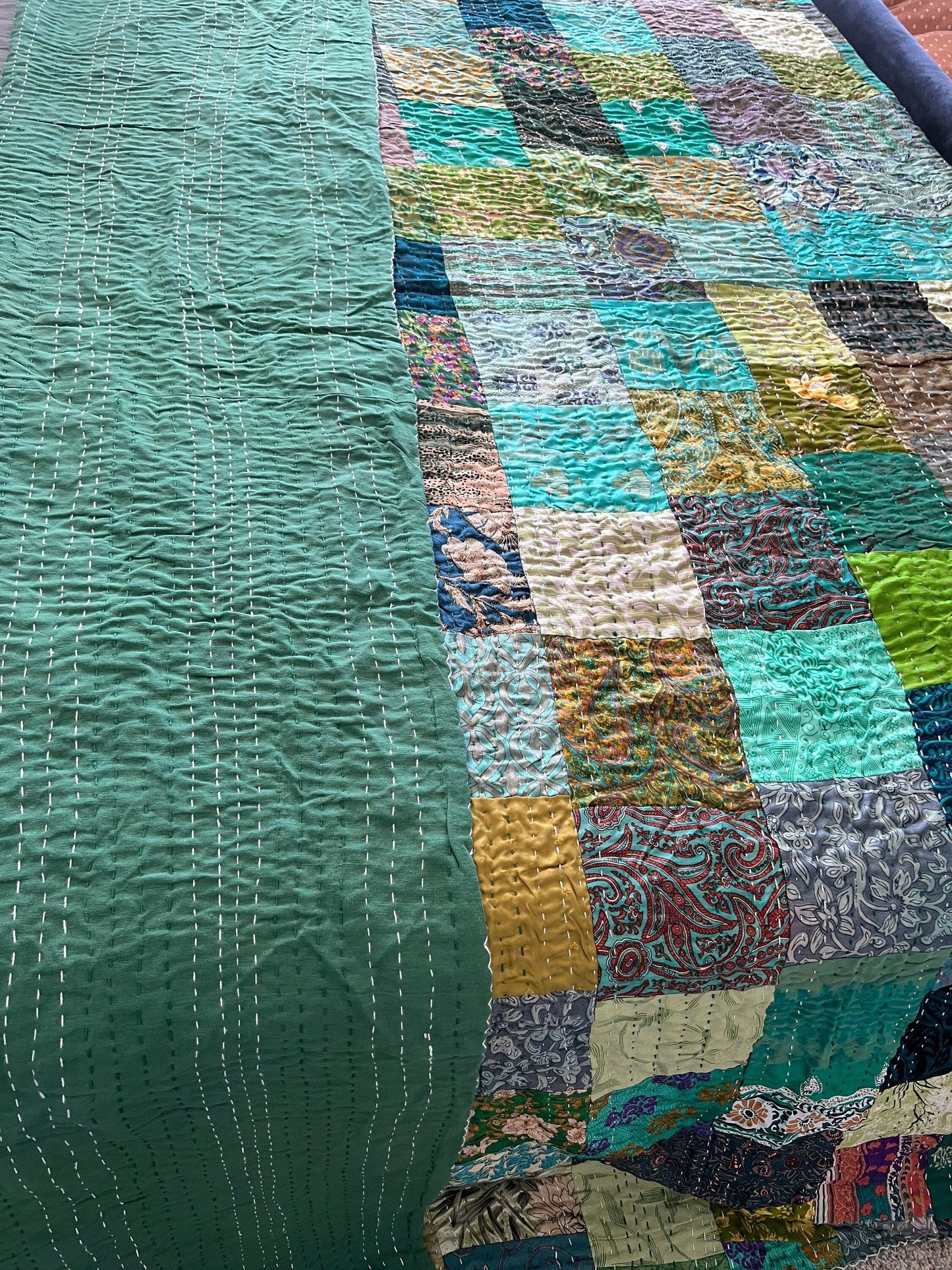 Bohemian Patchwork Quilt Kantha Quilt: Upcycle  Boho Bedspread, Exclusive gift for home