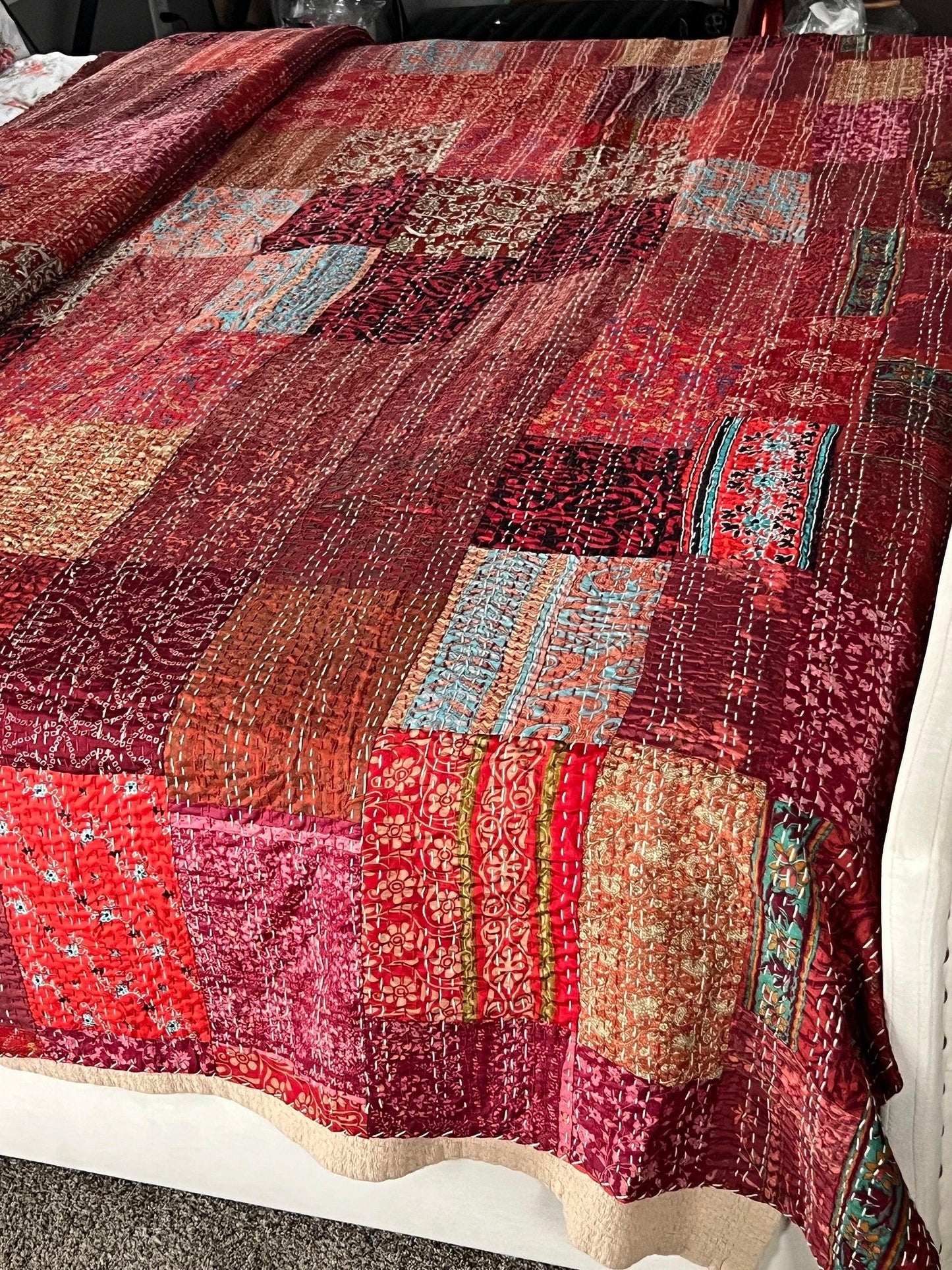 Bohemian Patchwork Quilt Kantha Quilt: Upcycle  Boho Bedspread, Exclusive gift for home