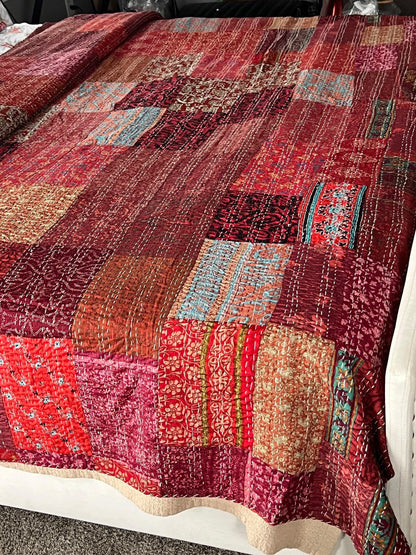 Bohemian Patchwork Quilt Kantha Quilt: Upcycle  Boho Bedspread, Exclusive gift for home