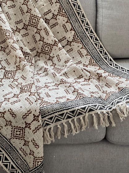 Hand Block Print Cotton Throw Blanket - Boho Floral Sofa Cover