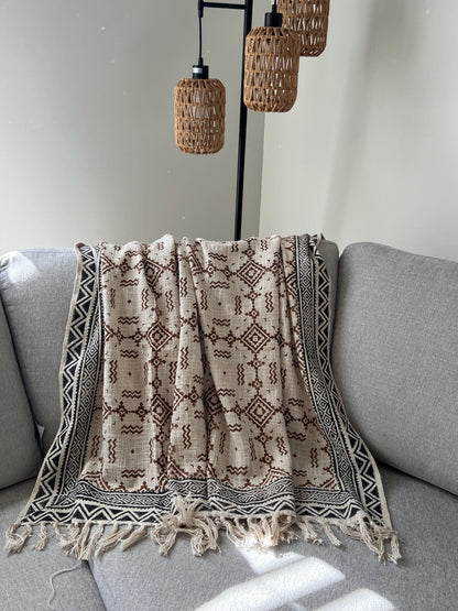 Hand Block Print Cotton Throw Blanket: Brown Floral Boho Decor
