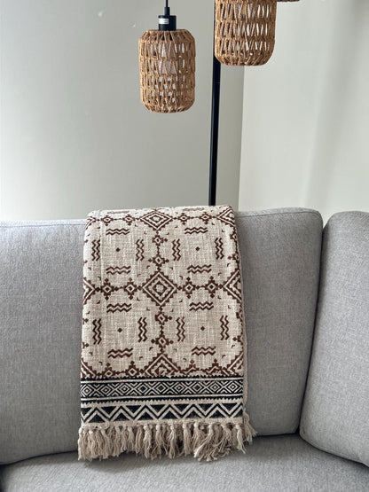 Hand Block Print Cotton Throw Blanket - Boho Floral Sofa Cover